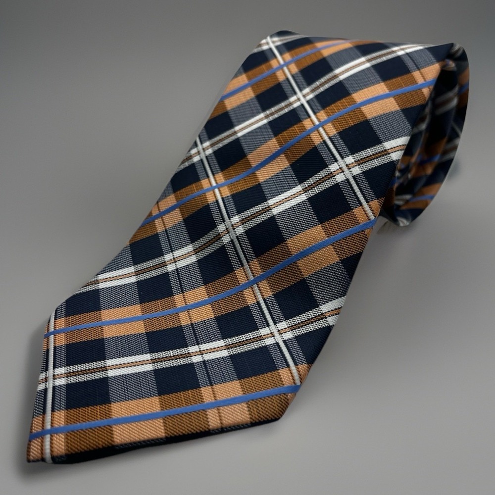 Shlax & Wing 100% Silk Navy Blue Orange Plaid Check Woven Men's Tie Logo Accent